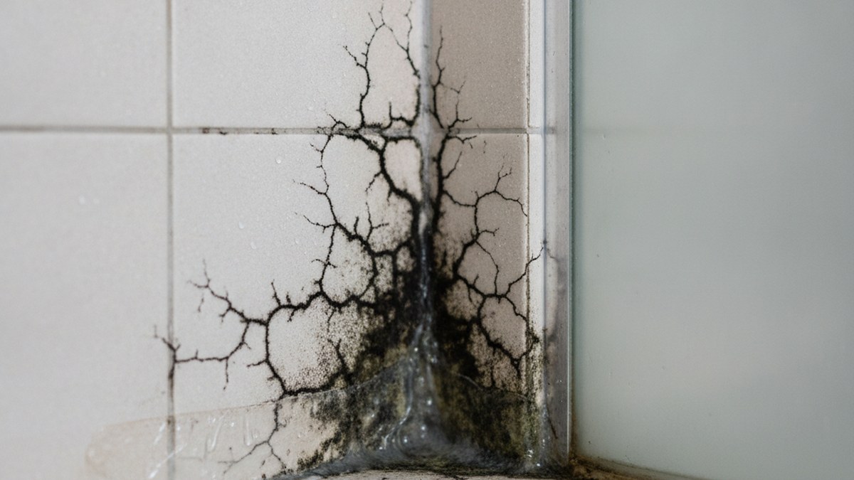 Mould growth along bathroom tile grout and silicone sealant in a shower corner