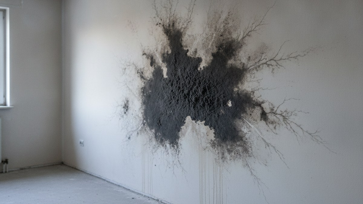 Dark mould growth spreading across a damp interior wall surface