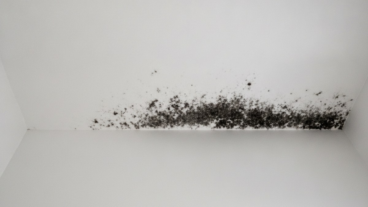 Black mould spreading across a white interior ceiling near the wall junction