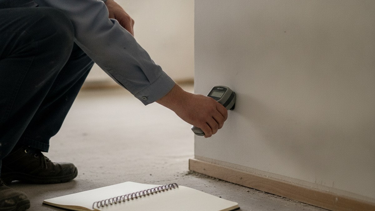 Surveyor inspecting the base of an interior wall with a moisture meter and notebook