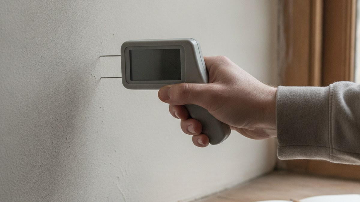 Pin-type damp meter taking a moisture reading from an interior plaster wall
