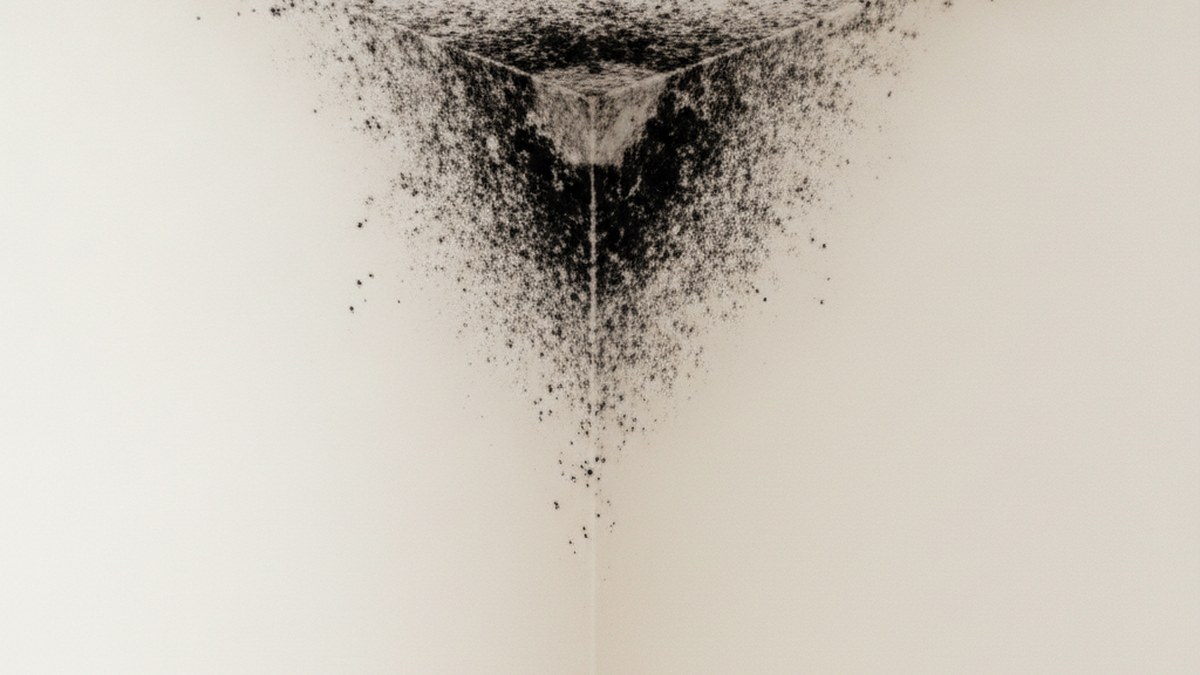 Black spotted mould growing in the corner of an interior wall near the ceiling