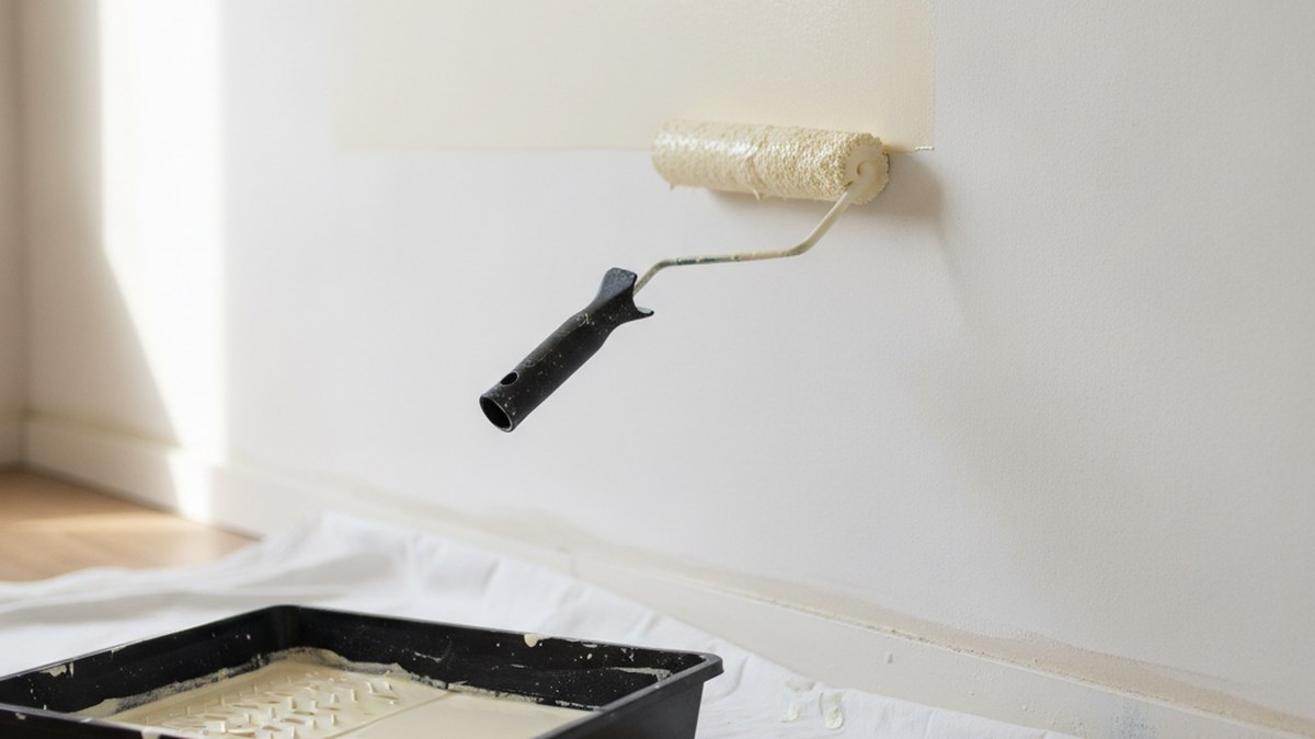 Paint roller applying a fresh coat to a prepared interior wall