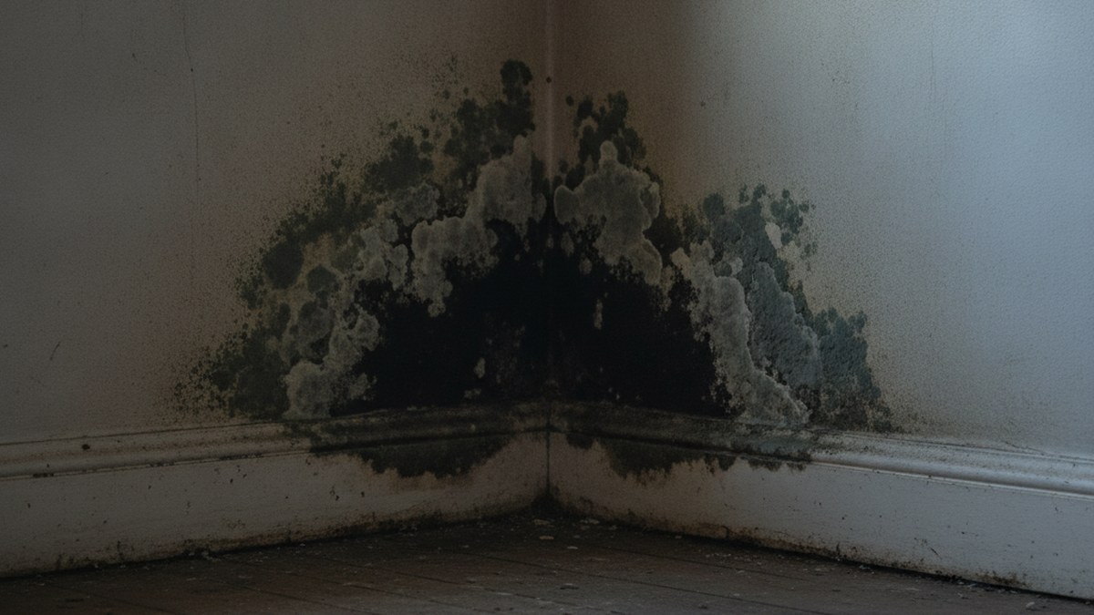 Interior corner of a room with damp staining and discolouration near the skirting