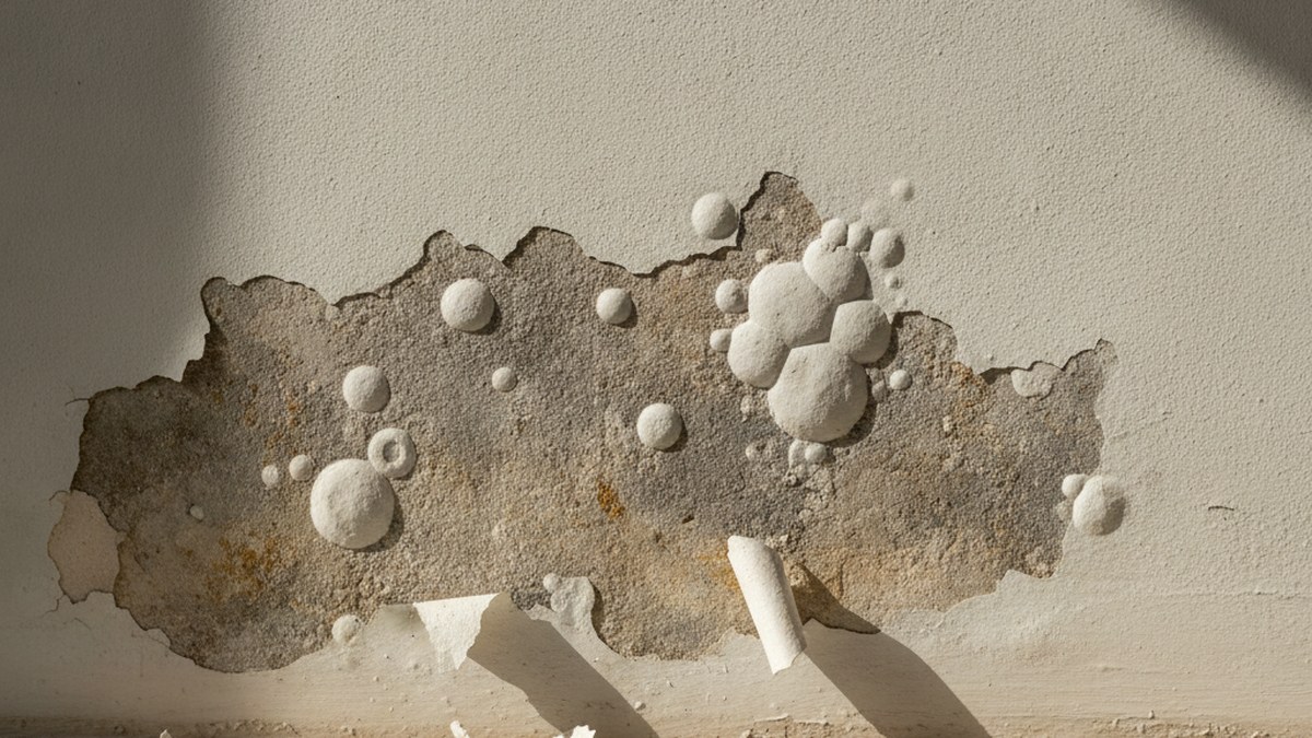 Paint blistering and flaking away from a damp plastered wall surface