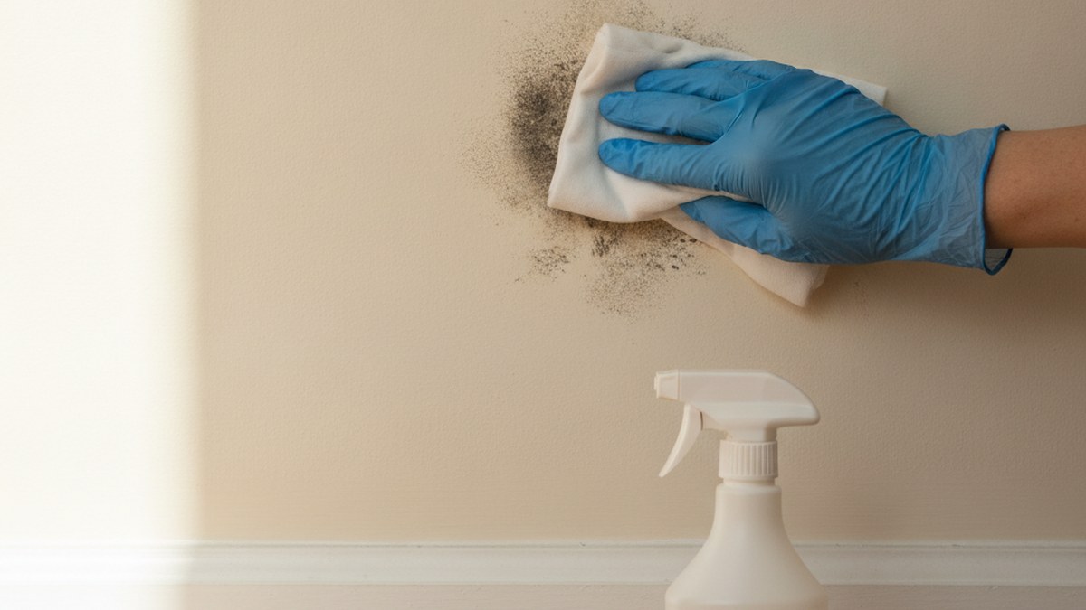 Gloved hand wiping mould growth from a painted interior wall surface