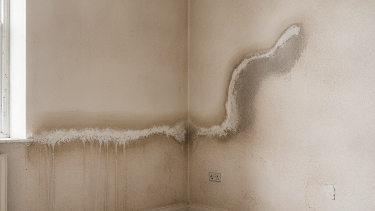 Interior wall showing a damp tide mark with salt deposits and blistered paint