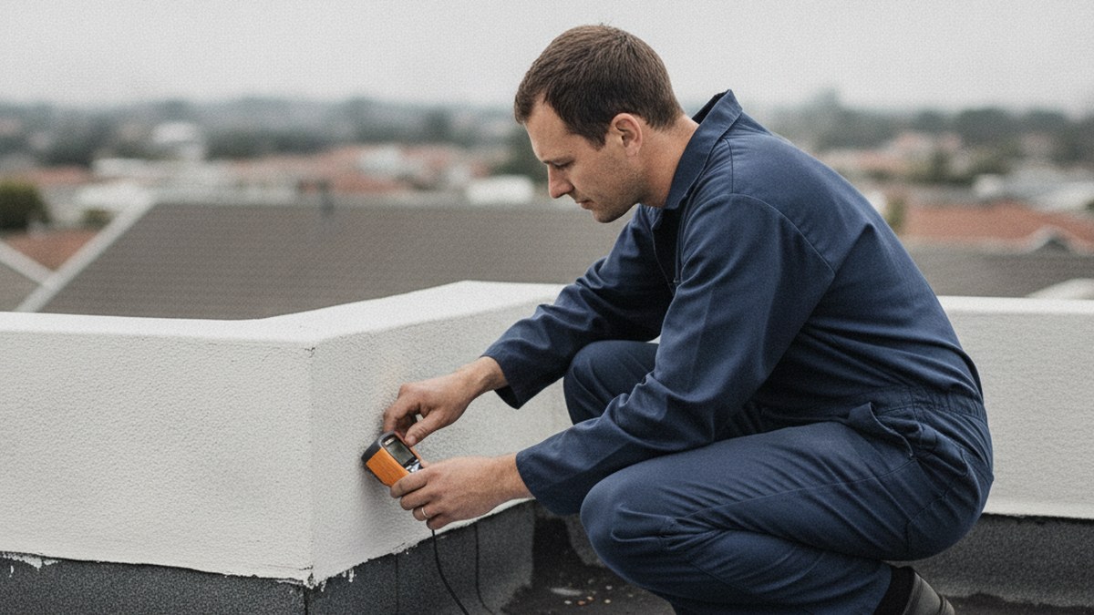 Waterproofing contractor inspecting a flat roof upstand with a moisture meter in Cape Town